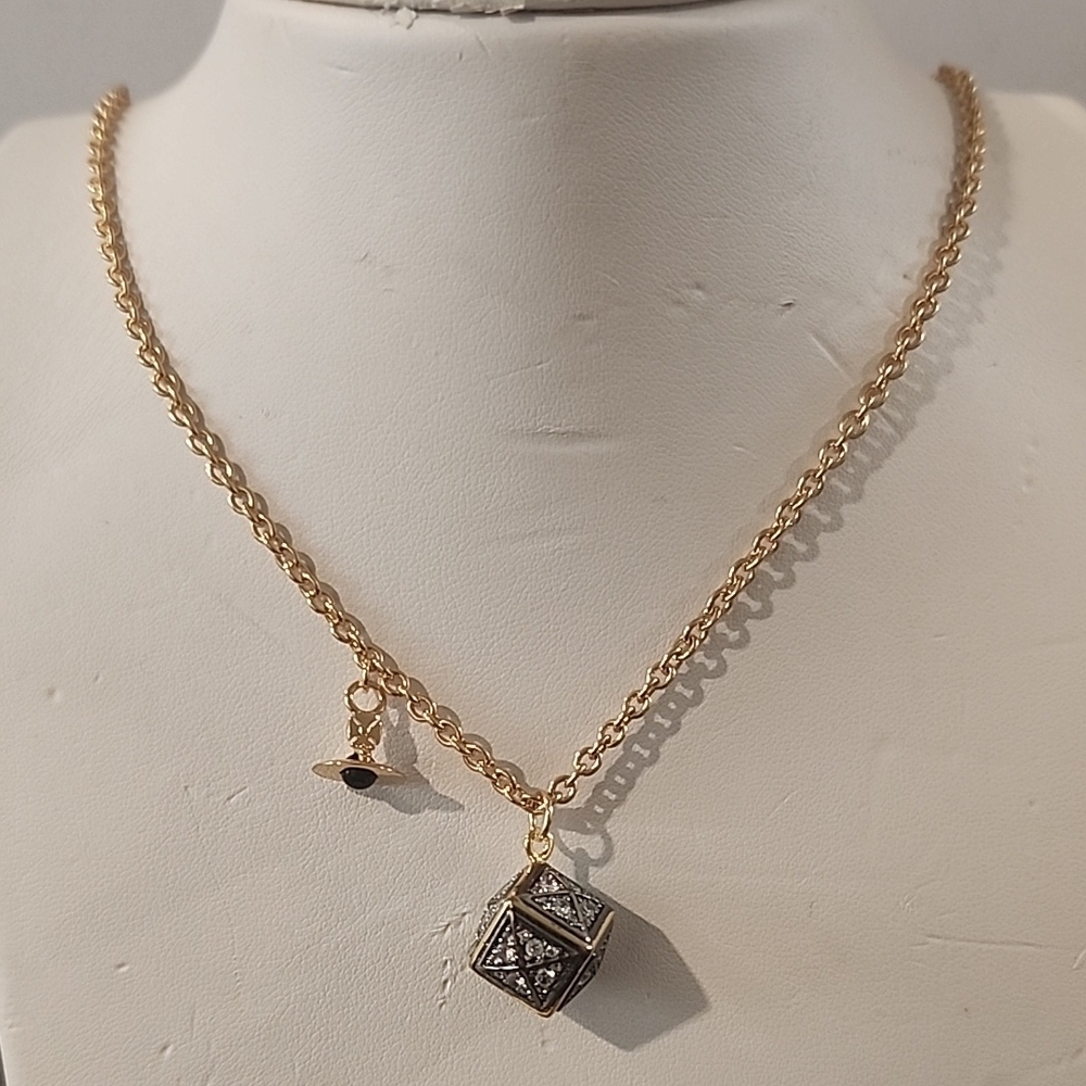 Vivienne Westwood Rhinestone 3-D Box and Mini Orb Gold-Tone Pendant Necklace